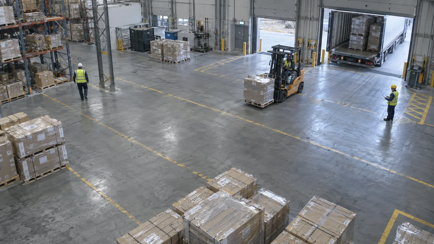 Illustrative warehouse view: one worker on the left, a forklift near the loading bay, and a second worker on the right.